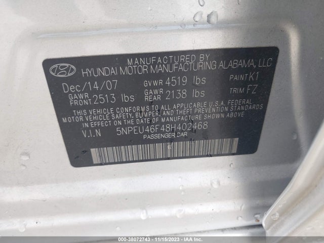 2008 HYUNDAI SONATA SE V6/LIMITED V6 VIN: 5NPEU46F48H402468