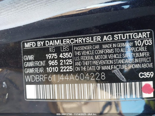 2004 MERCEDES-BENZ C 240 VIN: WDBRF61J44A604228