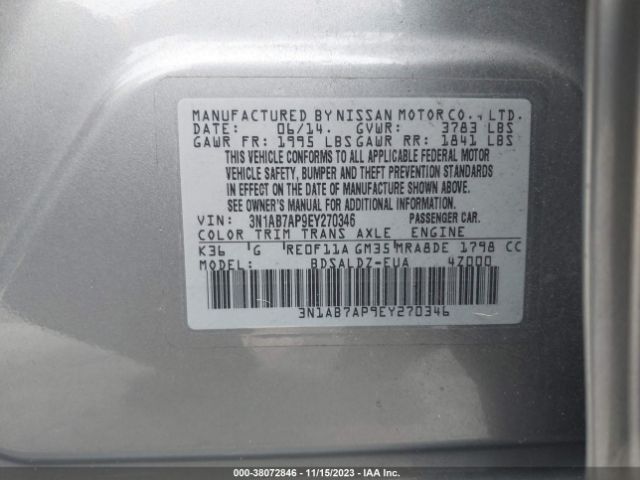 3N1AB7AP9EY270346 Nissan Sentra Fe+ S/fe+ Sv/s/sl/sr/sv