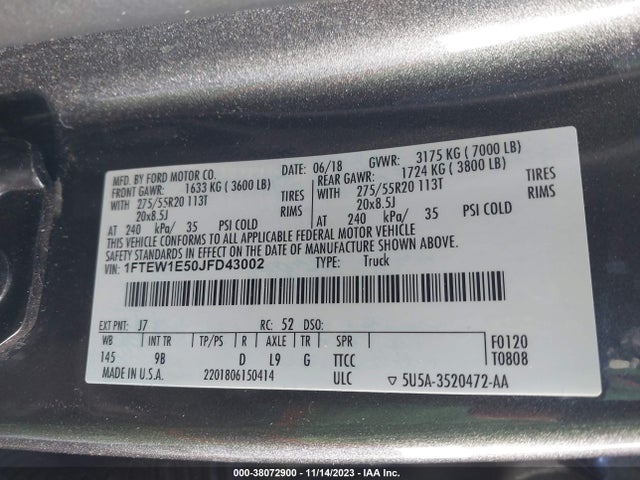 Ford F-150 Platinum 2018 1FTEW1E50JFD43002 Image 9