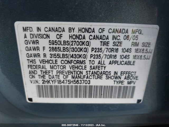 2005 HONDA PILOT EX VIN: 2HKYF18475H563703