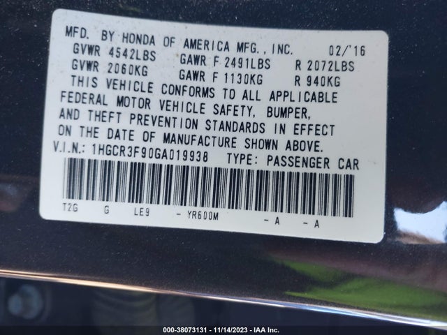Honda Accord Touring 2016 1HGCR3F90GA019938 Image 9