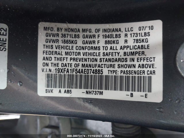 2010 HONDA CIVIC LX VIN: 19XFA1F54AE074885