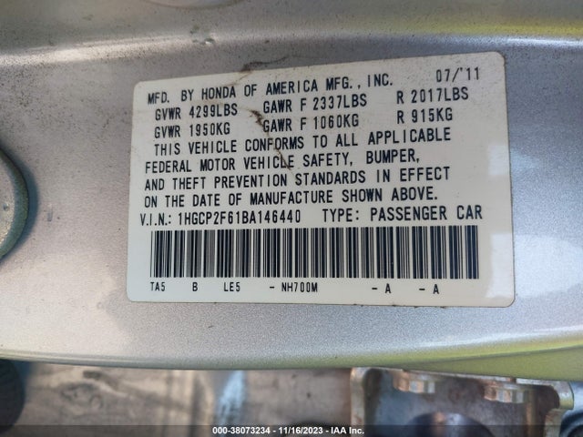 2011 HONDA ACCORD 2.4 SE VIN: 1HGCP2F61BA146440
