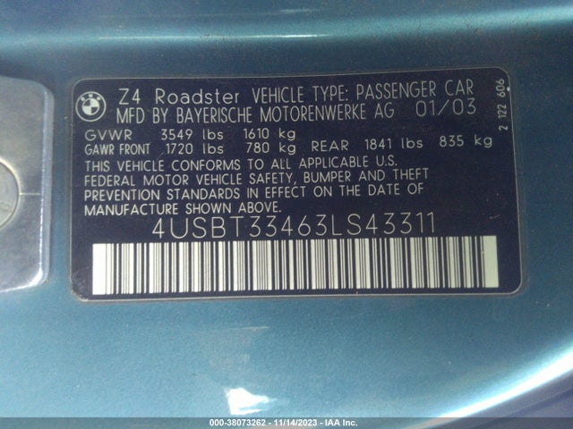 2003 BMW Z4 2.5I VIN: 4USBT33463LS43311
