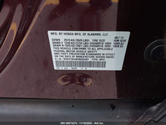 5FNYF5H49HB033467 Honda Pilot Ex