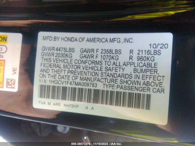 2021 HONDA ACCORD SPORT SPECIAL EDITION VIN: 1HGCV1F47MA009763