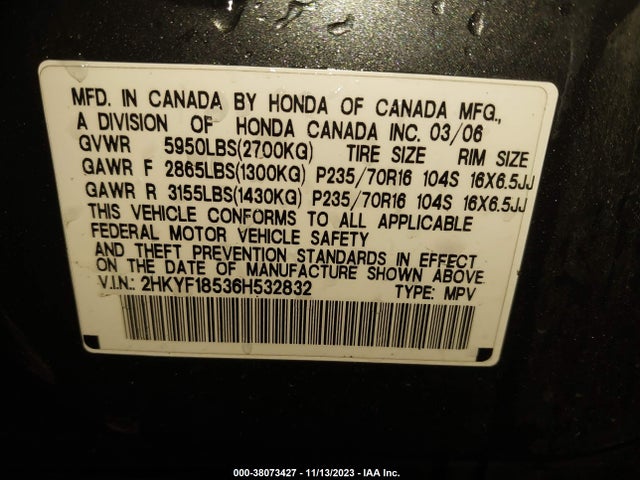 2006 HONDA PILOT EX-L VIN: 2HKYF18536H532832