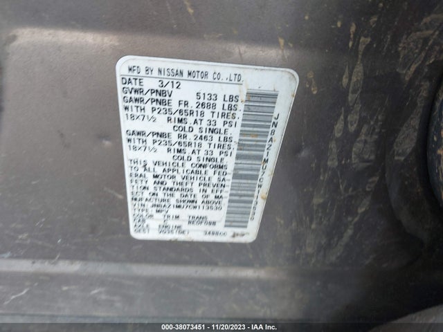 2012 NISSAN MURANO S VIN: JN8AZ1MU7CW113530