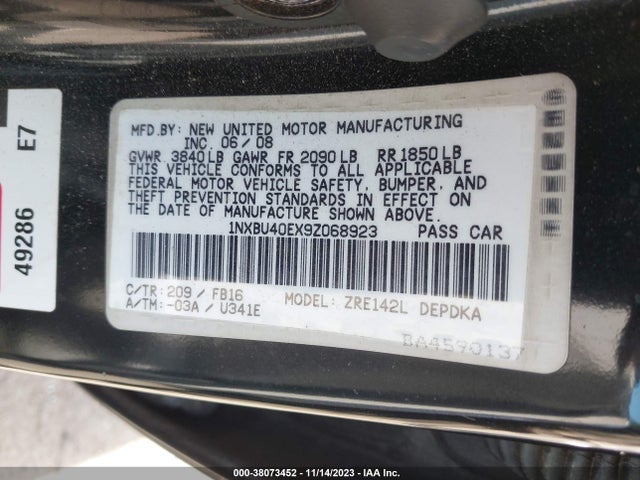2009 TOYOTA COROLLA LE VIN: 1NXBU40EX9Z068923