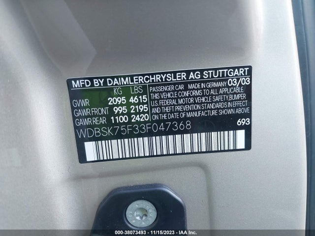 2003 MERCEDES-BENZ SL-CLASS BASE (A5) VIN: WDBSK75F33F047368
