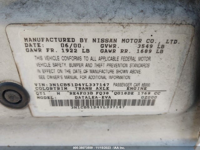 2000 NISSAN SENTRA GXE/XE VIN: 3N1CB51D4YL337147