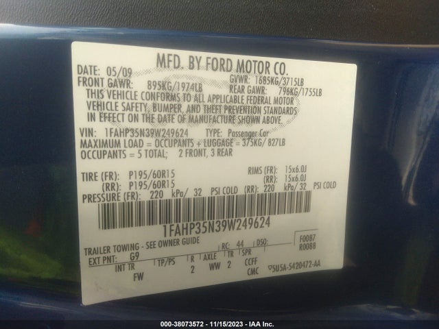 2009 FORD FOCUS SE VIN: 1FAHP35N39W249624