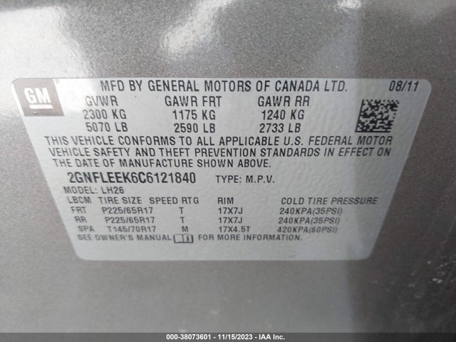 2012 CHEVROLET EQUINOX 1LT VIN: 2GNFLEEK6C6121840