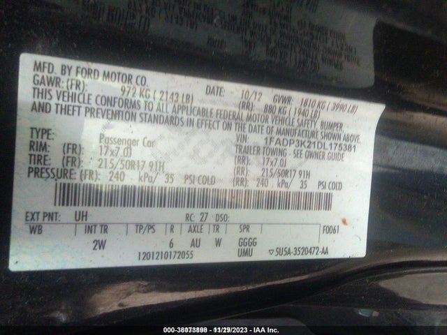 2013 FORD FOCUS SE VIN: 1FADP3K21DL175381