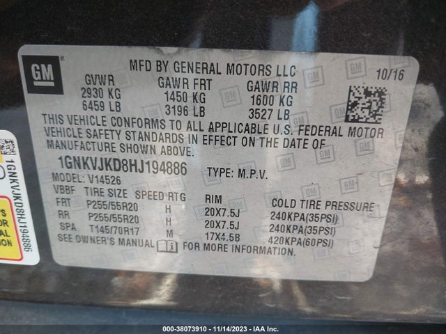 Chevrolet Traverse Premier 2017 1GNKVJKD8HJ194886 Image 9