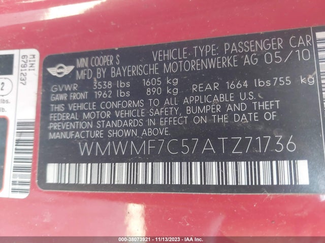 2010 MINI COOPER S WMWMF7C57ATZ71736 Photo 8