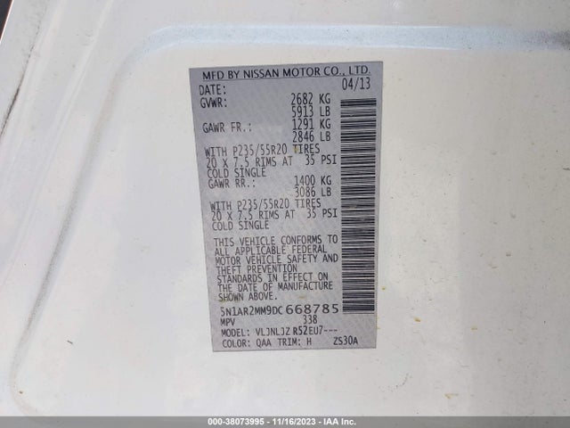 2013 NISSAN PATHFINDER PLATINUM VIN: 5N1AR2MM9DC668785