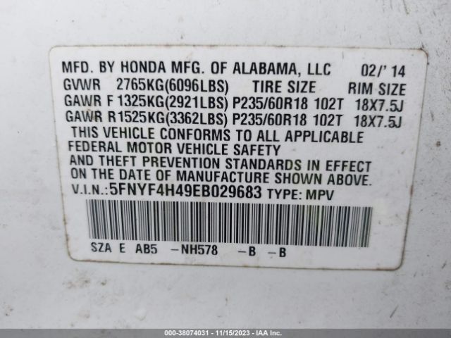 5FNYF4H49EB029683 Honda Pilot Ex