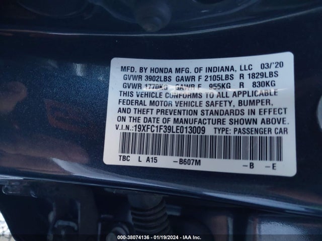 Honda CIVIC EX 2020 19XFC1F39LE013009 Image 9