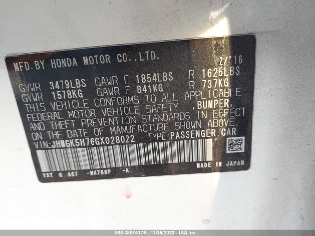 Honda FIT EX 2016 JHMGK5H76GX028022 Image 9