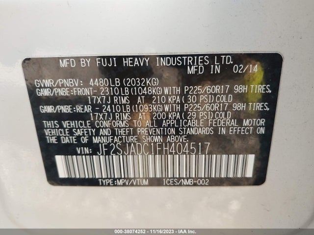 2015 SUBARU FORESTER 2.5I PREMIUM VIN: JF2SJADC1FH404517