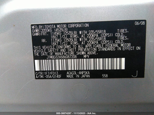2008 TOYOTA RAV4 SPORT VIN: JTMBD32V686087208