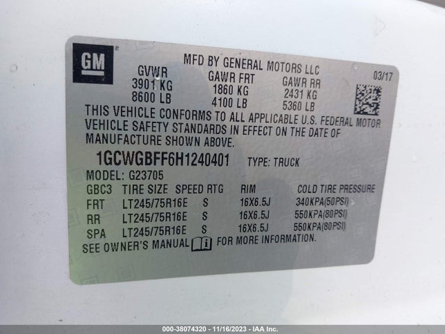 Chevrolet Express 2500 Work Van 2017 1GCWGBFF6H1240401 Image 9