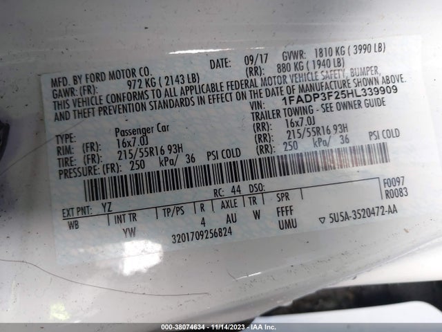 2017 FORD FOCUS SE VIN: 1FADP3F25HL339909