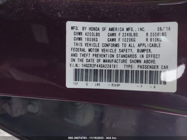 Honda ACCORD LX 2016 1HGCR2F44GA228761 Image 9