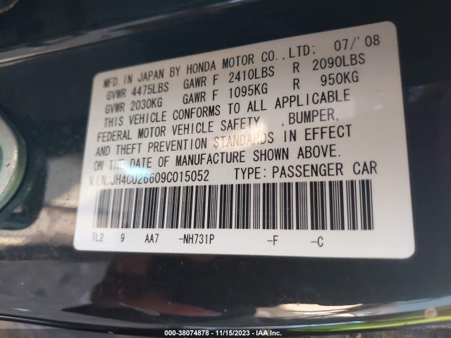 2009 ACURA TSX VIN: JH4CU26609C015052