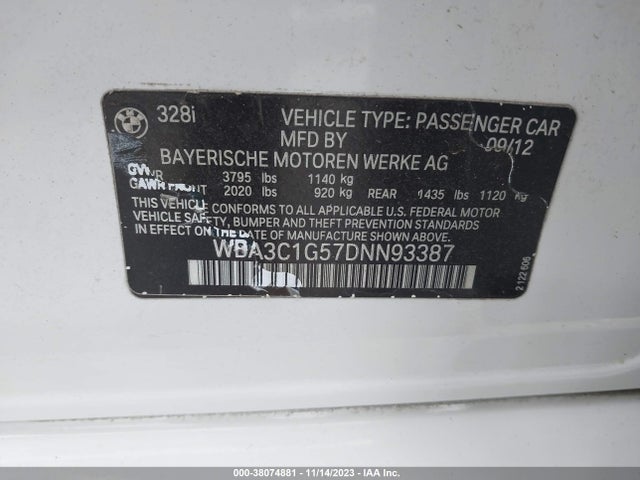 38074881 :رقم المزاد ، WBA3C1G57DNN93387 vin ، 2013 Bmw 328i مزاد بيع