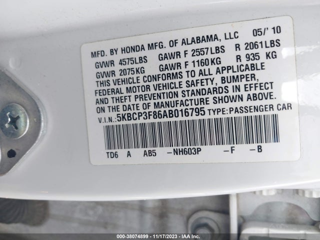 2010 HONDA ACCORD 3.5 EX-L VIN: 5KBCP3F86AB016795