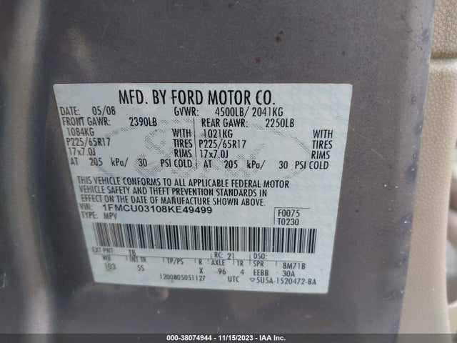2008 FORD ESCAPE XLT VIN: 1FMCU03108KE49499