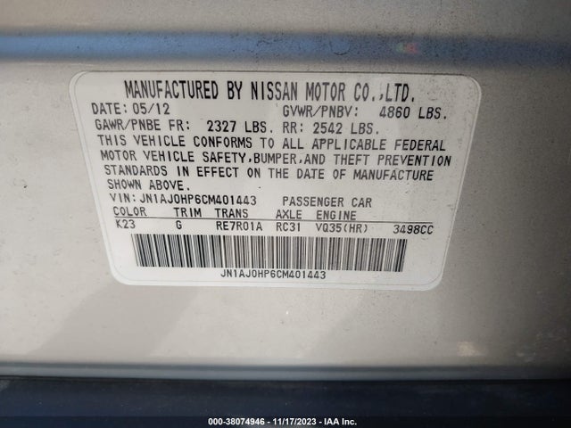 Продаж на аукціоні авто 2012 Infiniti Ex35 Journey, vin: JN1AJ0HP6CM401443, номер лоту: 38074946