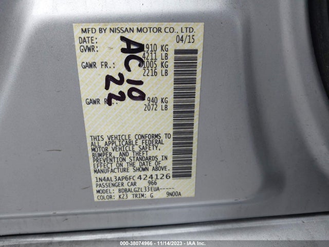 2015 NISSAN ALTIMA 2.5 SL/2.5 SV/2.5/2.5 S VIN: 1N4AL3AP6FC424126