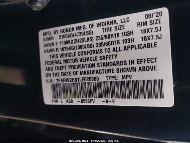 Honda Cr-v Awd Ex-l 2020 7FARW2H81LE020389 Image 9