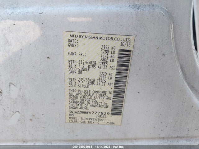 2015 NISSAN MURANO S VIN: 5N1AZ2MH6FN277829