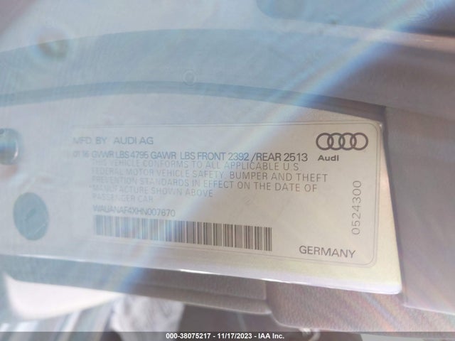 2017 AUDI A4 2.0T PREMIUM VIN: WAUANAF4XHN007670