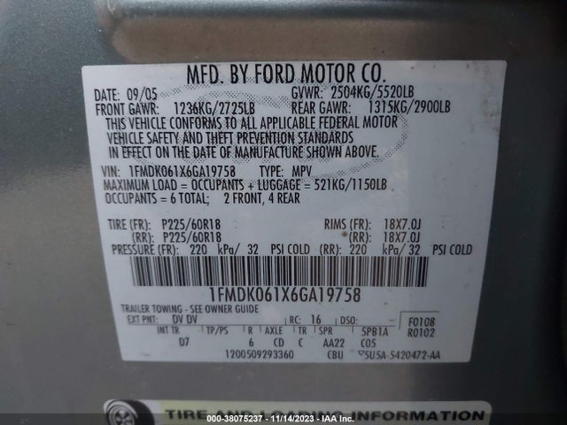 2006 FORD FREESTYLE LIMITED VIN: 1FMDK061X6GA19758