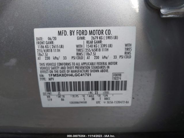2020 FORD EXPLORER 1FMSK8DH4LGC41701 Photo 8