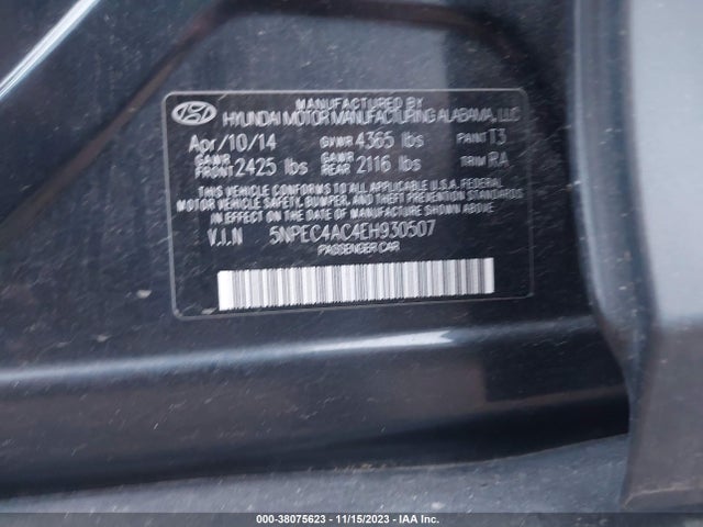 2014 HYUNDAI SONATA SE VIN: 5NPEC4AC4EH930507
