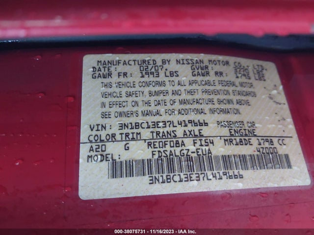 2007 NISSAN VERSA 1.8SL VIN: 3N1BC13E37L419666