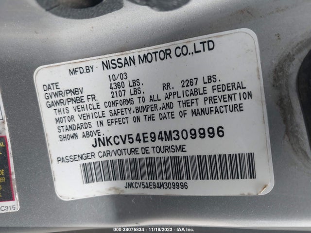 2004 INFINITI G35 VIN: JNKCV54E94M309996