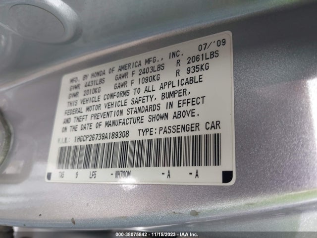 2009 HONDA ACCORD 2.4 EX VIN: 1HGCP26739A189308