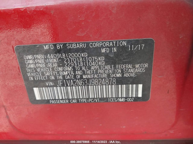 2018 SUBARU WRX STI VIN: JF1VA2N63J9824878