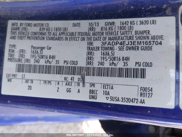 2014 FORD FIESTA SE VIN: 3FADP4EJ3EM165704