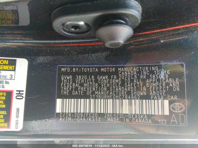 2017 TOYOTA COROLLA SE VIN: 2T1BURHE0HC784862