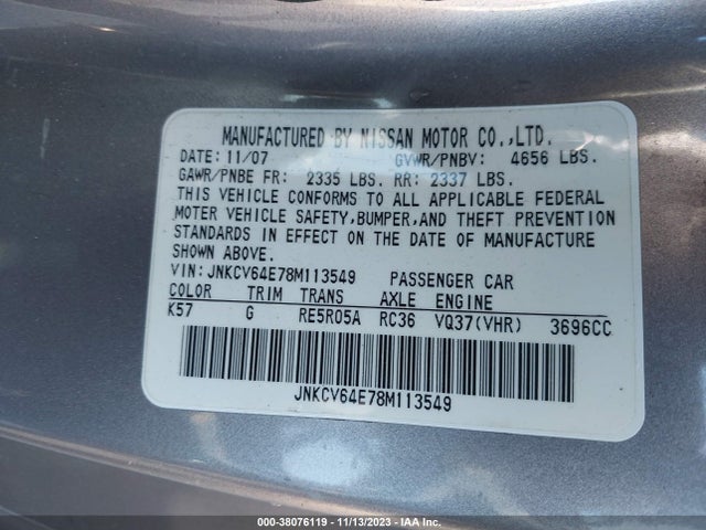 2008 INFINITI G37 JOURNEY VIN: JNKCV64E78M113549