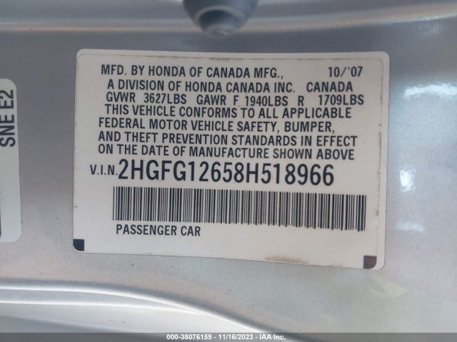 2008 HONDA CIVIC LX VIN: 2HGFG12658H518966
